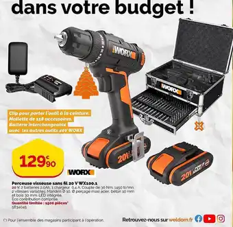 Weldom Perceuse visseuse sans fil 20v worx offre