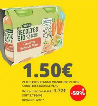 Petits Pots Légume Viande Bio 2x200g Carottes Semoule Veau