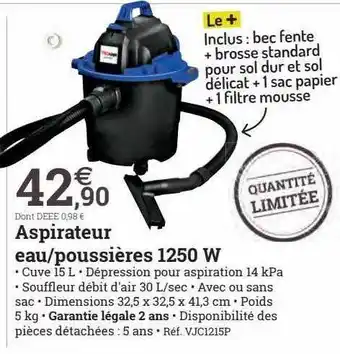 Espace emeraude Aspirateur eau ou poussières 1250w offre