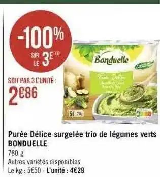 Géant Casino Purée délice surgelée trio de légumes verts bonduelle offre