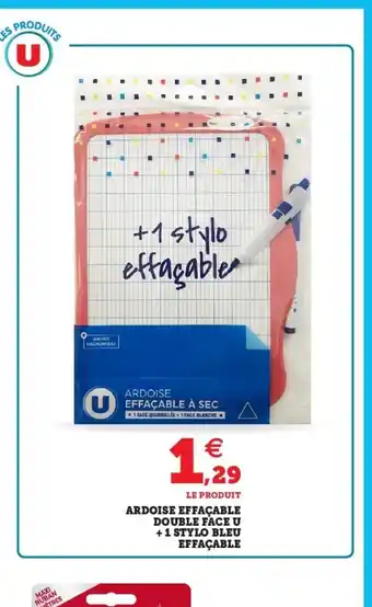 Super U Ardoise EFFAÇABLE Double Face U + 1 Stylo Bleu EFFAÇABLE offre