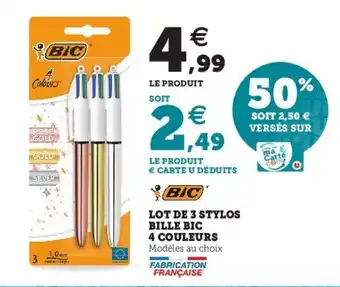 Super U Lot De 3 Stylos Bille Bic 4 Couleurs offre