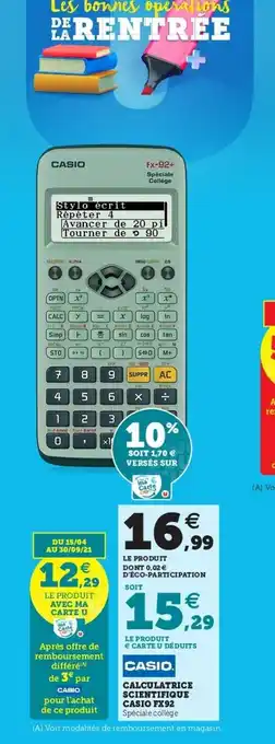 Super U Calculatrice Scientifique Casio Fx92 offre