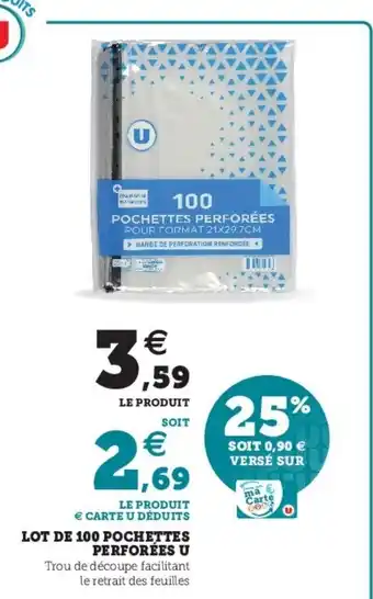 Super U Lot De 100 pochettes Perforees U offre