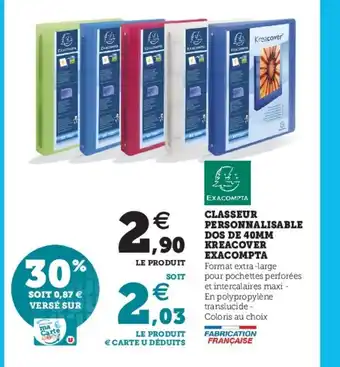 Super U Classeur Personnalisable Dos De 40mm Kreacover Exacompta offre