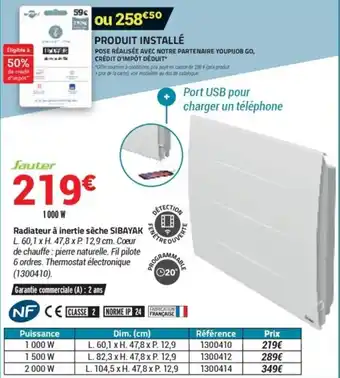 Bricorama Radiateur à inertie sèche sibayak offre