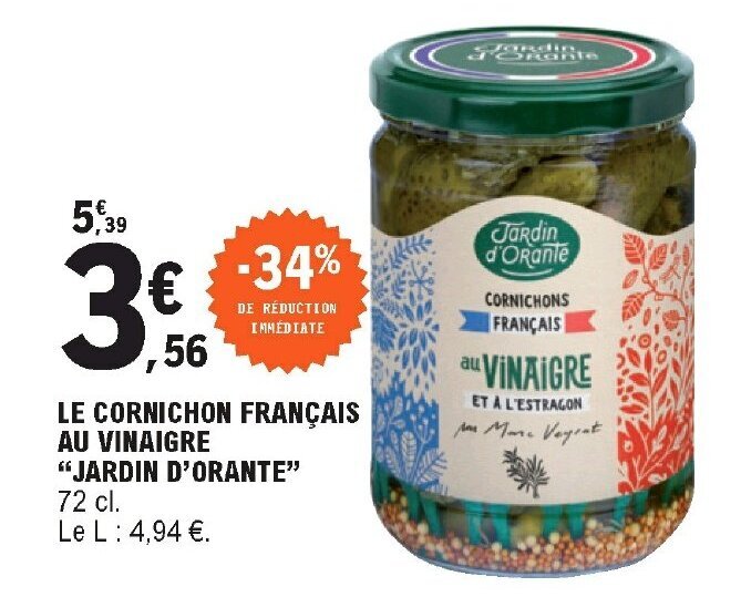 Promo Le cornichon française au vinaigre "jardin d'orante" chez E.Leclerc