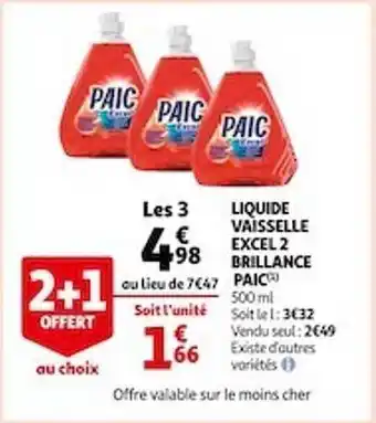 Auchan Liquide vaisselle excel 2 brillance paic offre