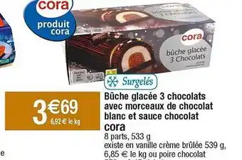 Cora x Carrefour Bûche glacée 3 chocolats avec morceaux de chocolat blanc et sauce chocolat cora offre