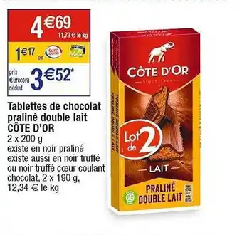 Cora x Carrefour Tablettes de chocolat praliné double lait côte d'or offre