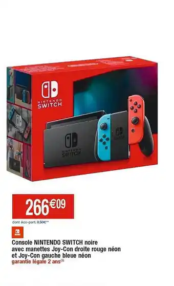 Cora x Carrefour Console nintendo switch noire avec manettes joy-con droite rouge néon et joy-con gauche bleue néon offre