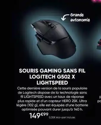 Fnac Souris gaming sans fil logitech g502 x lightspeed offre