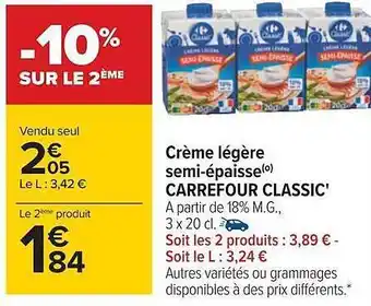Carrefour Crème légère semi-épaisse carrefour classic offre