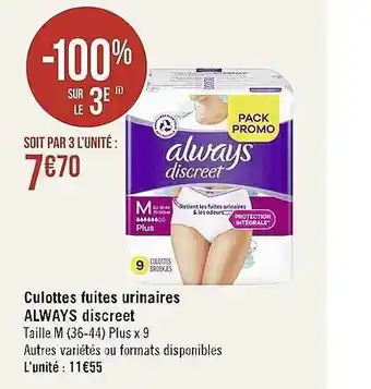 Casino Supermarchés Culottes fuites urinaires always discreet offre