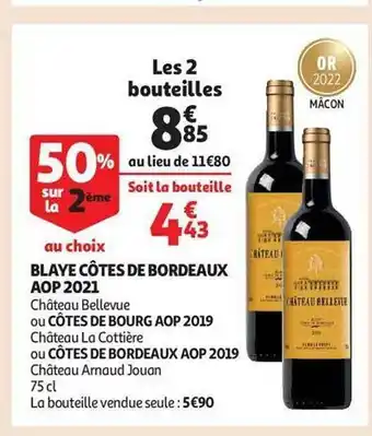 Auchan Blaye côtes de bordeaux aop 2021 château bellevue ou côtes de bourg aop 2019 château la cottière ou côtes de bordeaux aop 201 offre