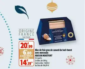 Coccimarket Bloc de foie gras de canard du sud-ouest avec morceaux maison montfort offre