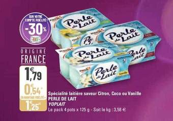 G20 Spécialité laitière saveur citron, coco ou vanille perle de lait yoplait offre