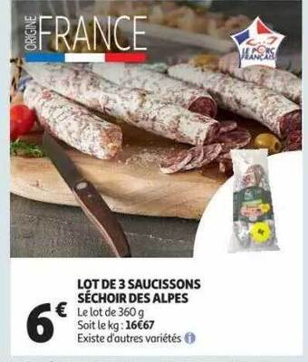 Auchan Lot de 3 saucissons séchoir des alpes offre