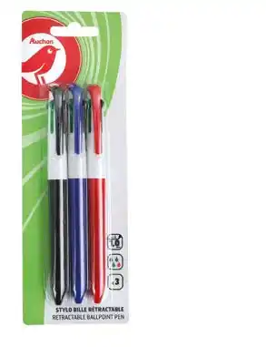 Auchan 3 STYLOS BILLE 4 COULEURS offre