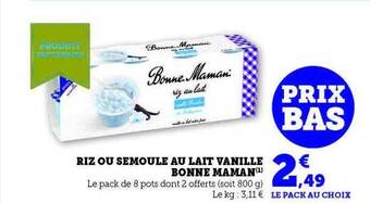 Hyper U Riz ou semoule au lait vanille bonne maman offre