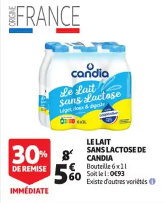 Auchan Le lait sans lactose de candia offre