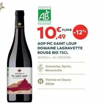Cabesto Aop pic saint loup domaine lagravette rouge bio 75cl offre
