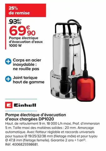 Castorama Pompe électrique d'évacuation d'eaux chargées dp1020 1000 w einhell offre