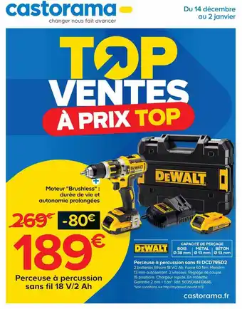 Castorama Perceuse à percussion sans fil 18v-2ah dewalt offre