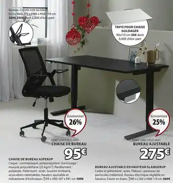 JYSK Chaise de bureau asperup, bureau ajustable en hauteur slangerup offre