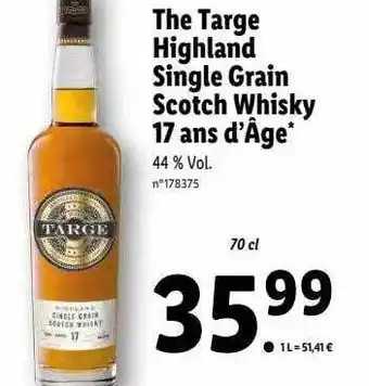 Lidl The targe highland single grain scotch whisky 17 ans d'âge offre