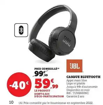 Hyper U Casque bluetooth jbl offre