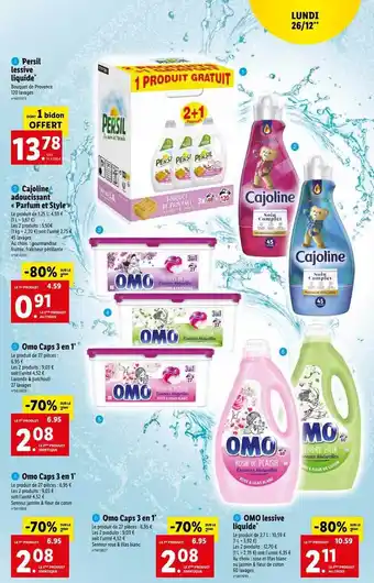 Lidl Persil lessive liquide, cajoline adoucissant «parfum et styler», omo caps 3 en 1, omo lessive liquide offre