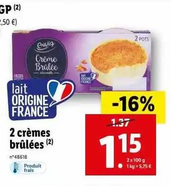 Lidl 2 crèmes brûlées envia offre