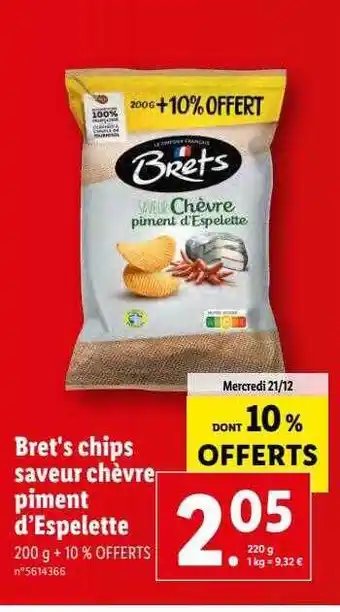 Lidl Bret's chips saveur chèvre piment d'espelette offre