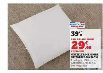 Hyper U Oreiller mémoire de forme 60 x 60 cm offre