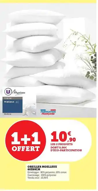 Hyper U Oreiller moelleux 60 x 60 cm u maison offre