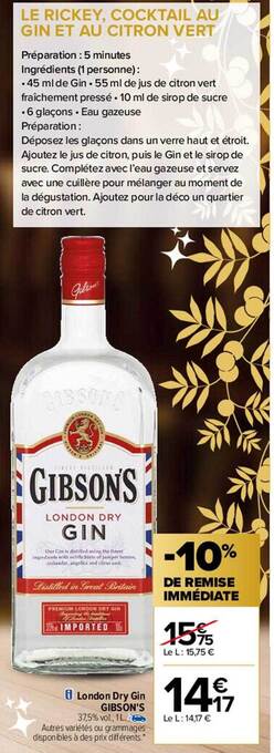 Carrefour London dry gin gibson's offre