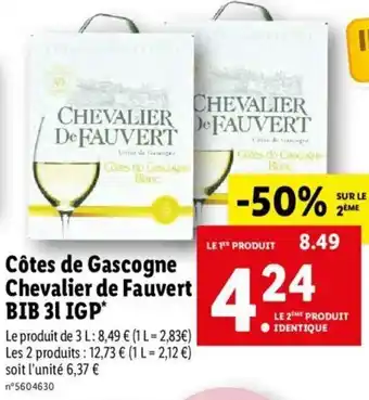 Lidl Cotes De Gascogne Chevalier De Fauvert BIB 3l IGP offre