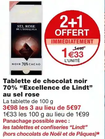 Monoprix Tablette de chocolat noir 70% Excellence de Lindt offre