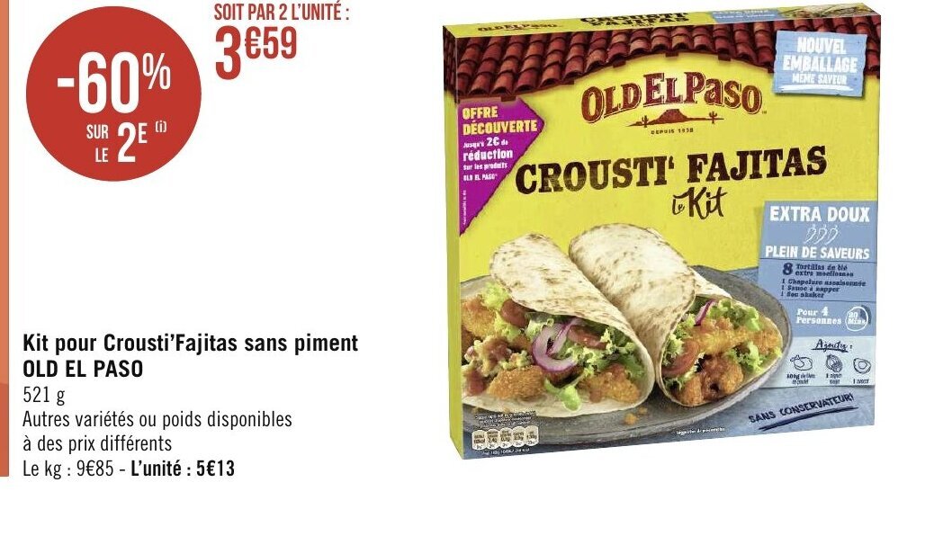Promo Kit Pour Crousti Fajitas Sans Piment Old El Paso chez Géant Casino