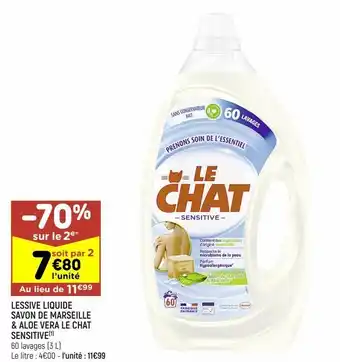 Leader Price Lessive liquide savon de marseille & aloe vera le chat sensitive offre