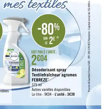 Géant Casino Desodorisant Spray Textilefraicheur Agrumes Febreze* offre