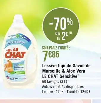 Géant Casino Lessive Liquide Savon De Marseille & Aloe Vera Le Chat Sensitive offre