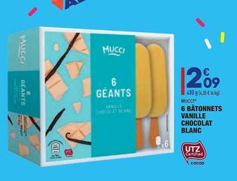 ALDI 6 Bâtonnets Vanille Chocolat Blanc Mucci offre