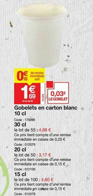 Promocash Gobelets En Carton Blanc 10 Cl - 30 Cl - 20 Cl - 15 Cl offre