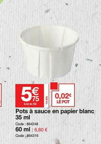 Promocash Pots à Sauce En Papier Blanc 35 Ml - 60 Ml offre