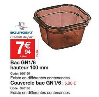 Promocash Bac Gn1-6 Hauteur 100 Mm, Couvercle Bac Gn1-6 offre
