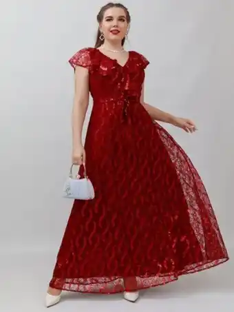 SheIn Robe de soirée à volants ceinturé long en dentelle offre