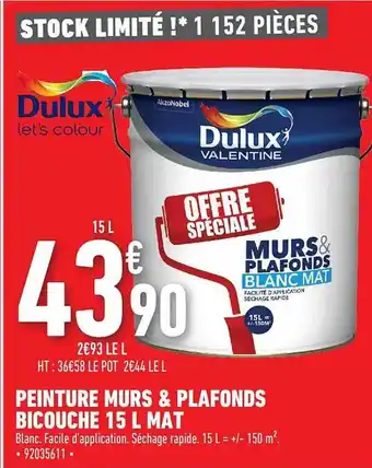 Brico Cash Peinture murs & plafonds bicouche 15l mat dulux valentine offre