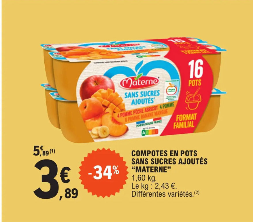 Promo Compotes En Pots Sans Sucres Ajoutes Materne chez E.Leclerc